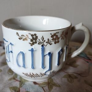 Antique Vintage Father Mug Coffee Cup Germany Porcelain White and  Blue Gold Old
